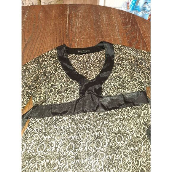 Small Apostrophe Sheer Black Tan Gold Deep VNeck Belted Shirt Top Blouse - Picture 3 of 5